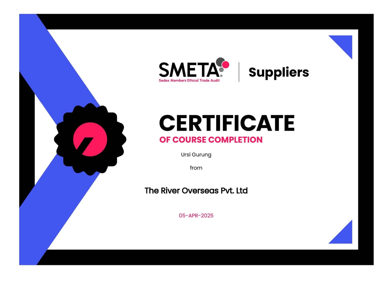 SMETA Suppliers Certificate, Sedex Members Ethical Trade Audit, page 1